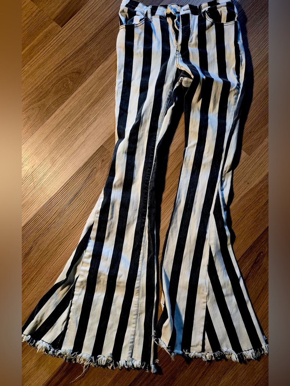 Altar'd State Black and White Vertical Stripe Flare Jeans